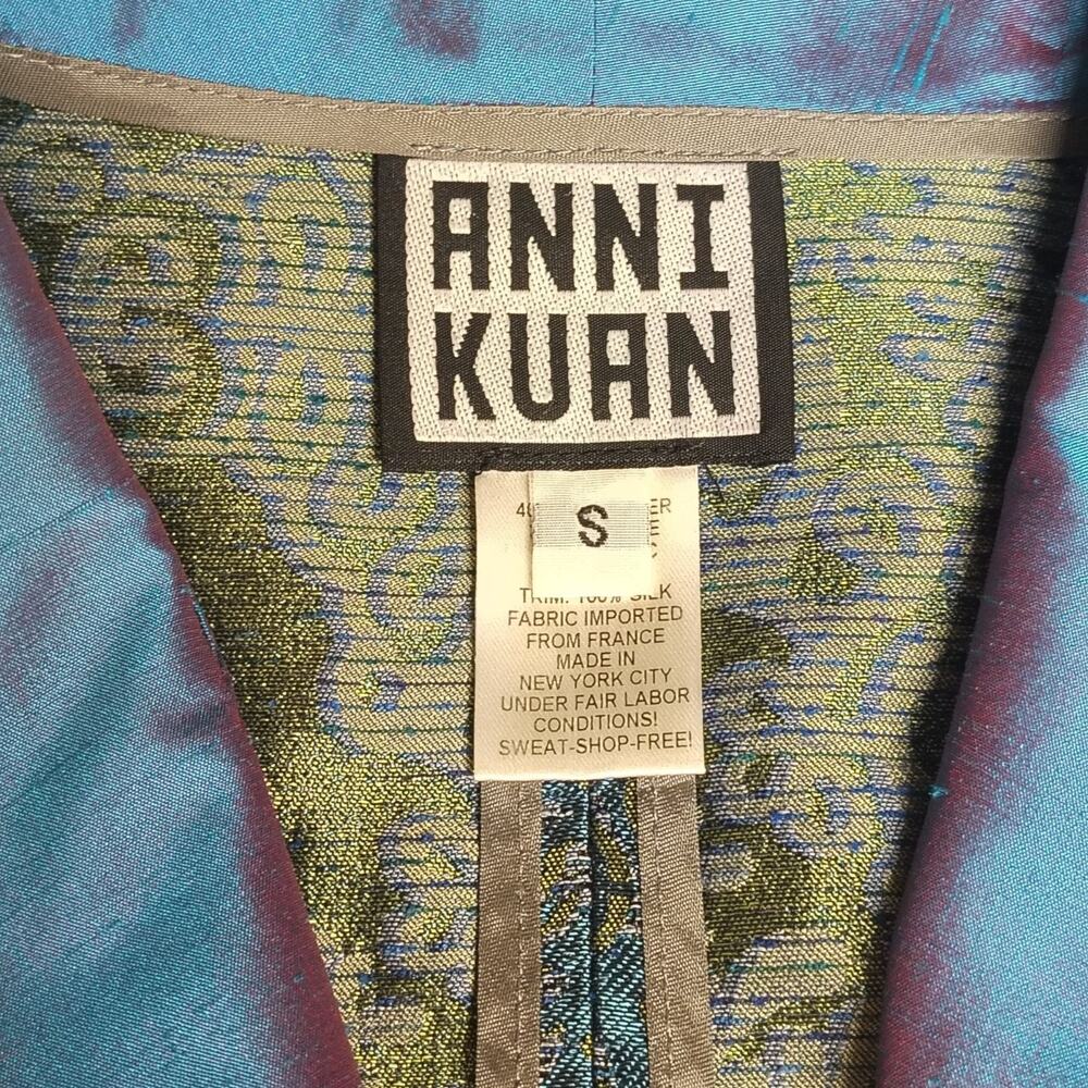 Anni Kuan Silk Metallic Peacock Brocade Jacket Pants Suit Set Vintage Small #612 - Picture 10 of 16